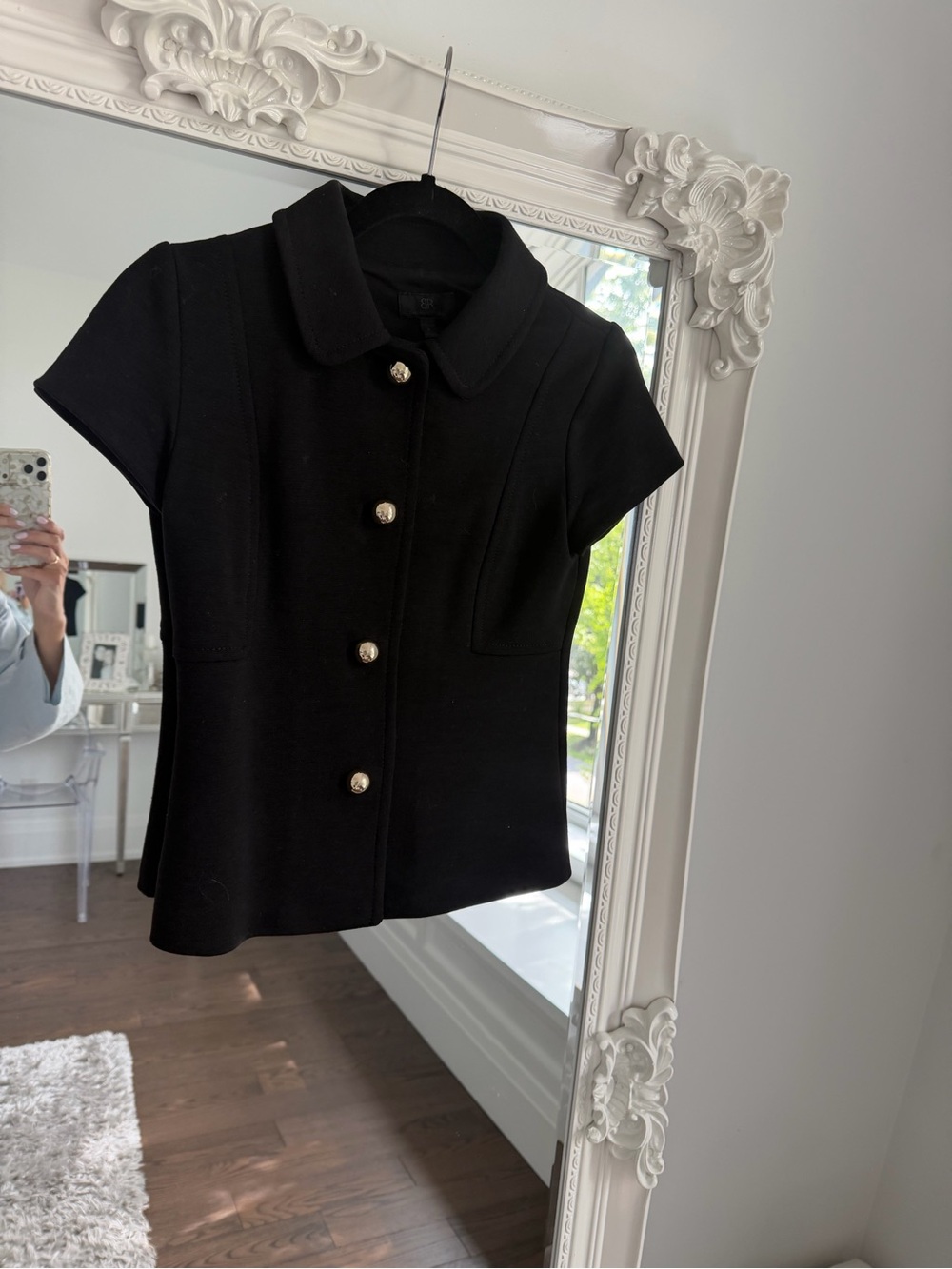 Black Short-Sleeve Button Front Blazer with Gold Buttons
